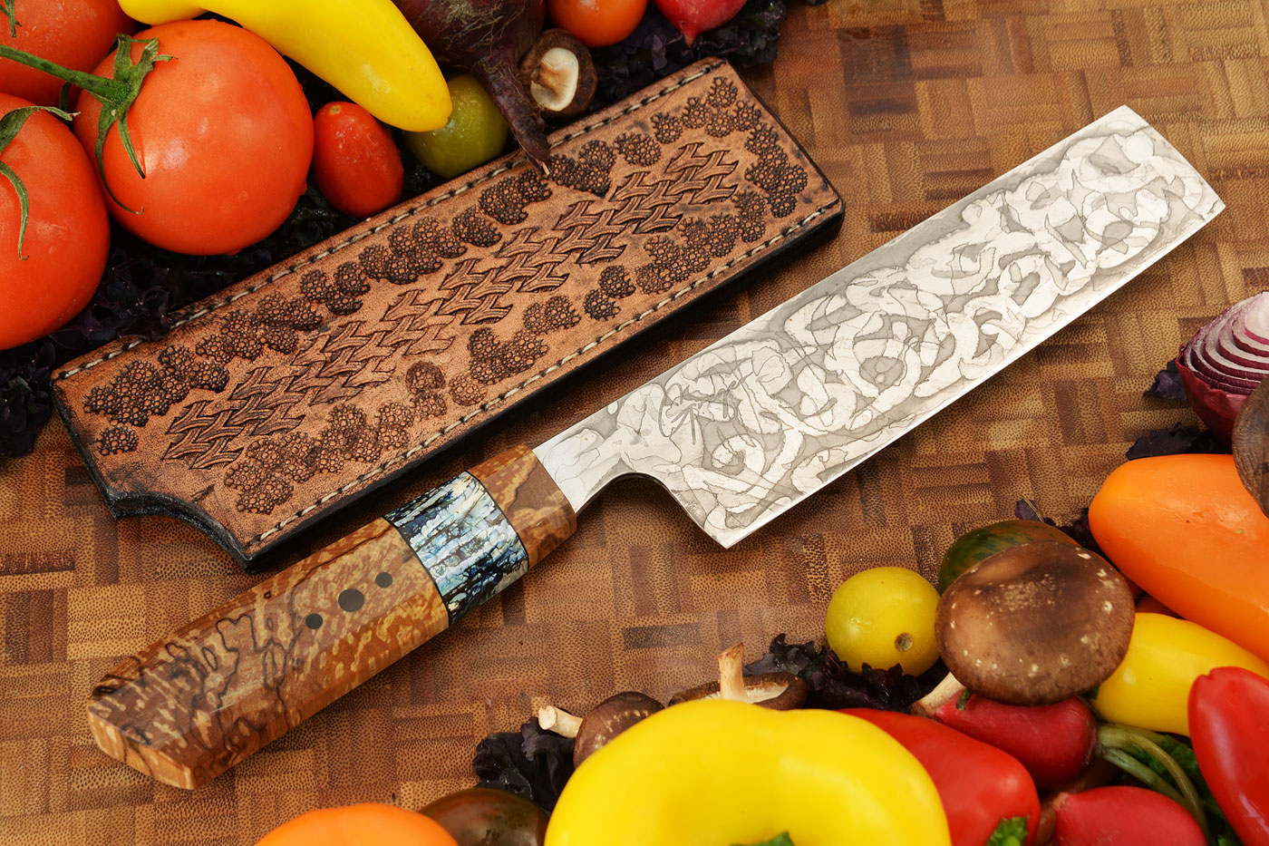Damascus Chef's Knife (Nakiri) with Spalted Birch and Mammoth Molar