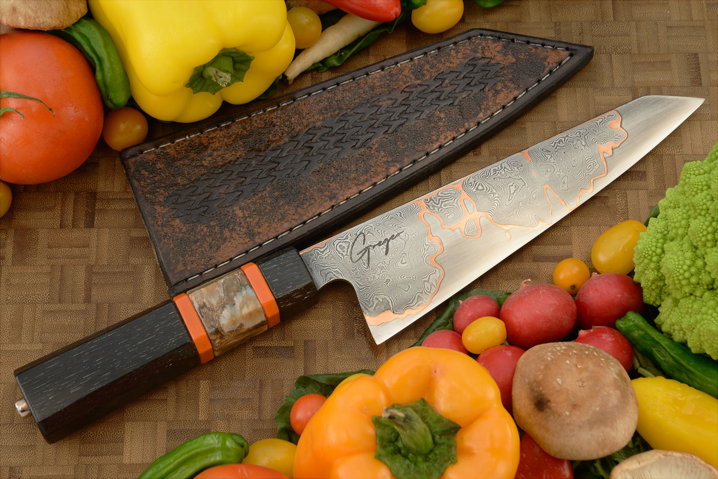 Coppermascus Kiritsuke Chef's Knife (8-1/4 in.) with Bog Oak and Mammoth Molar