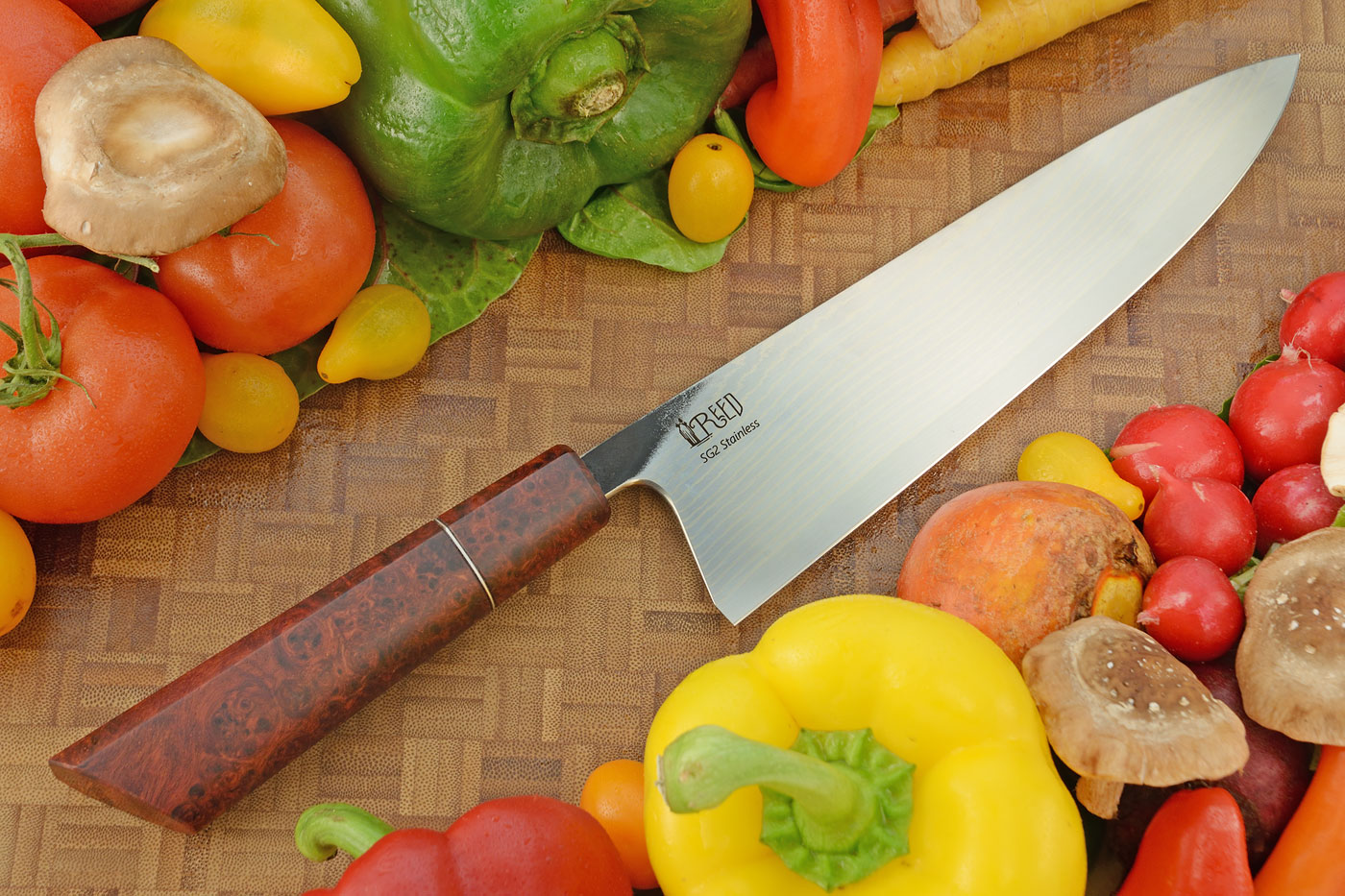 Chef's Knife with Amboyna Burl (9 inches) - SG2 Stainless Damascus San Mai